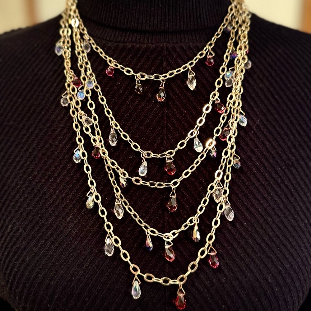 White House Black Market Gold Necklace with Red and Clear Accents